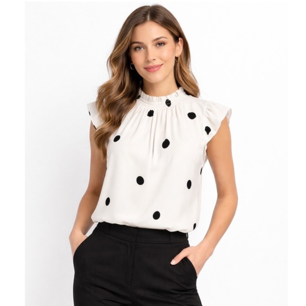 LOFT Polka Dot Smocked High Neck Flutter Sleeve Blouse White Black M‎ Chic 83-41